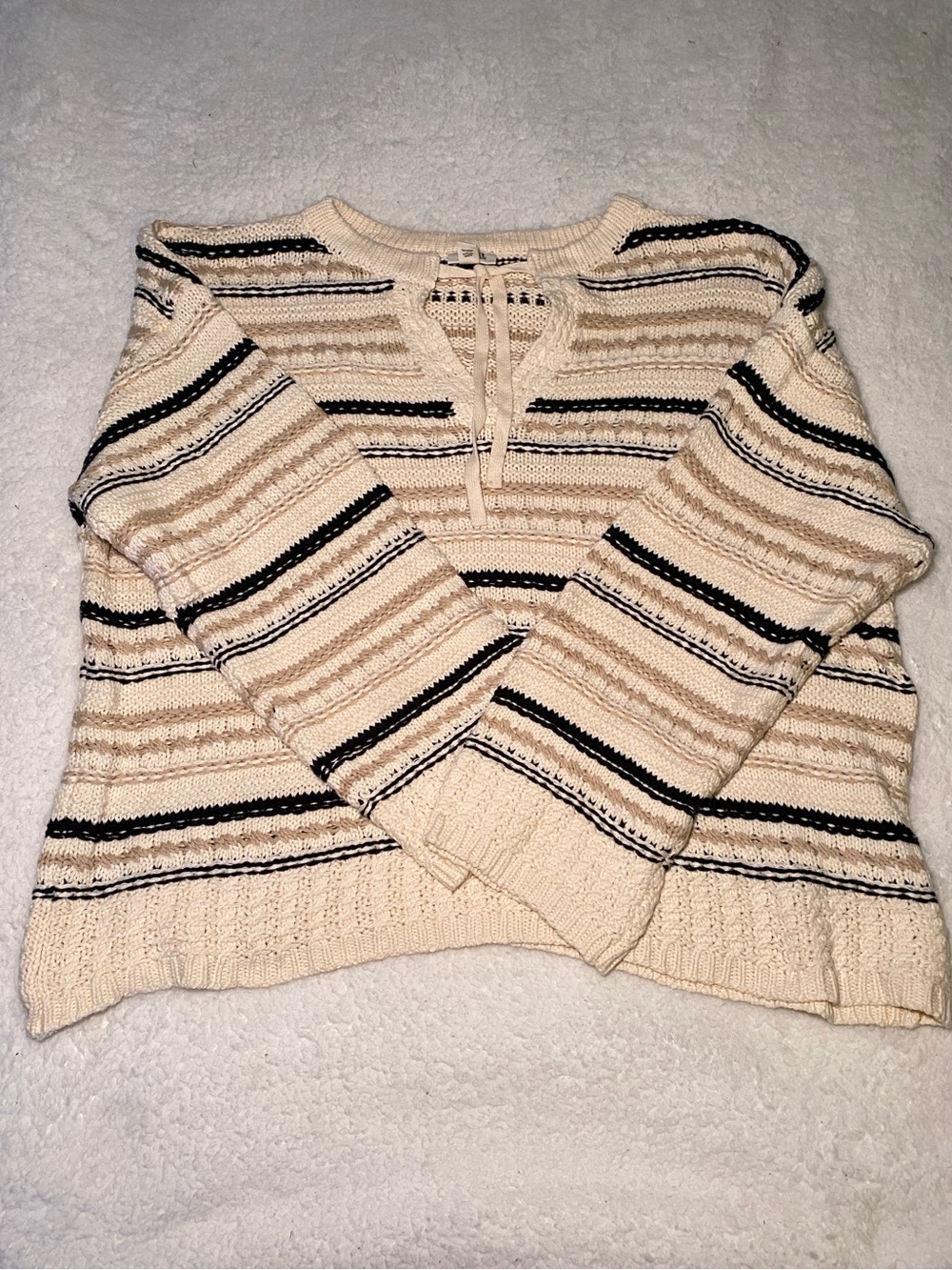 a.n.a Cream Striped Knit Crewneck Sweater with Black & Tan Accents